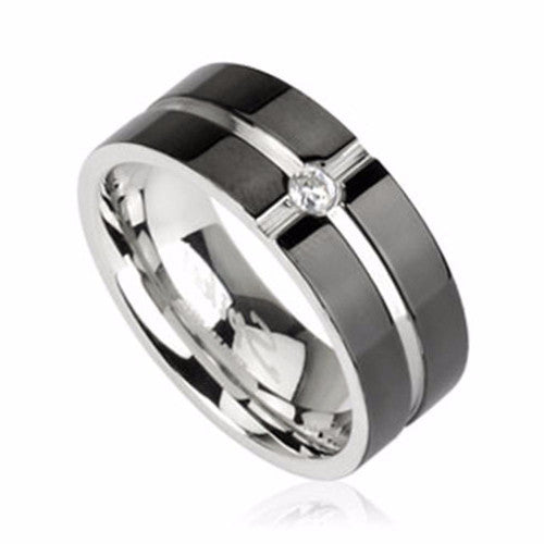 Thin Silver Line Corrections Cross Ring with CZ Stainless Steel