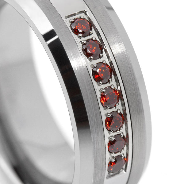 Thin Red Line Brushed Tungsten Carbide Ring 7 Red CZ Diamonds 8MM