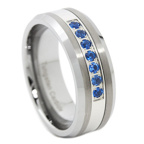 Thin Blue Line Brushed Tungsten Carbide Ring 7 Blue CZ Diamonds 8MM