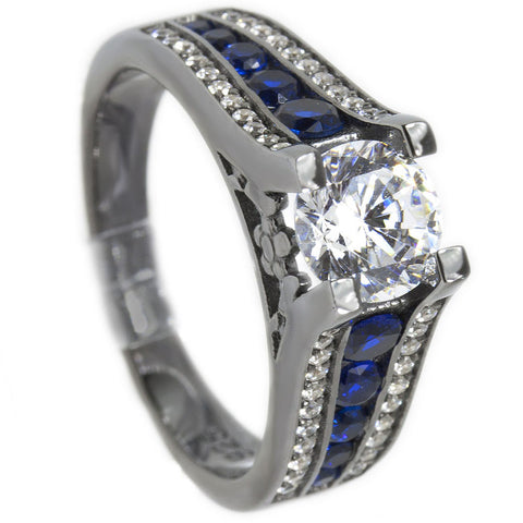 Thin Blue Line Engagement Ring Gunmetal Sterling Silver Brilliant Cut CZ w/ Blue Accents