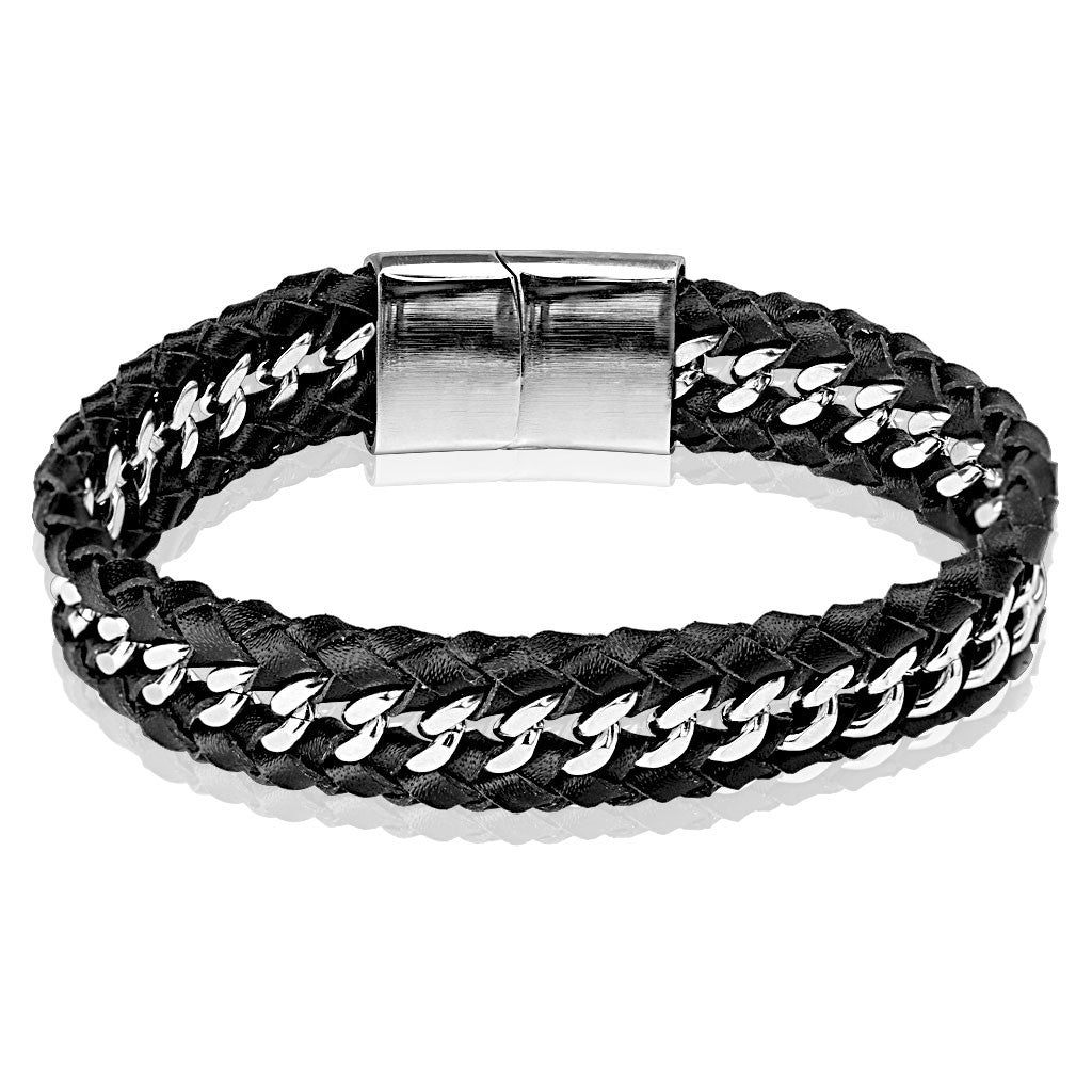 Thin Silver Line Stainless Steel Chain and Leather Bracelet