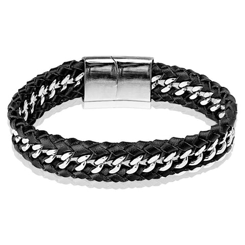 Thin Silver Line Stainless Steel Chain and Leather Bracelet