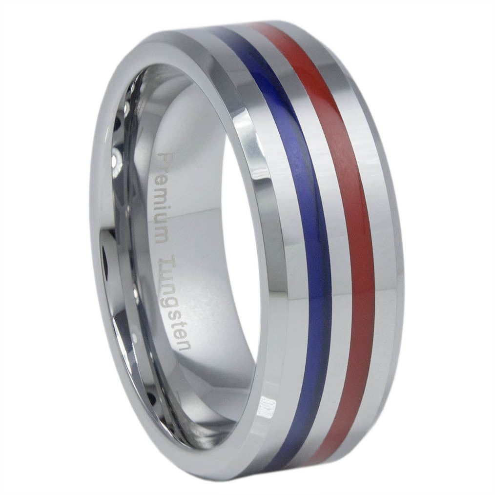 Thin Red Blue Line 8MM Tungsten Carbide Ring Red & Blue Epoxy Inlays