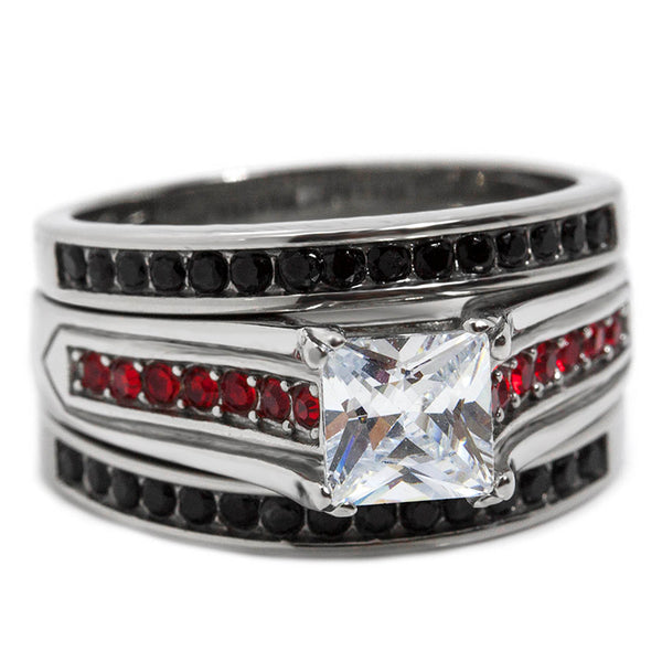 Thin Red Line Engagement CZ Ring Set Stainless Steel Princess Cut