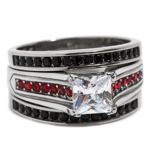 Thin Red Line Engagement CZ Ring Set Stainless Steel Princess Cut