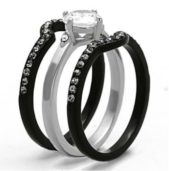 Thin Silver Line Round Cut Stainless Steel 3 Ring Set