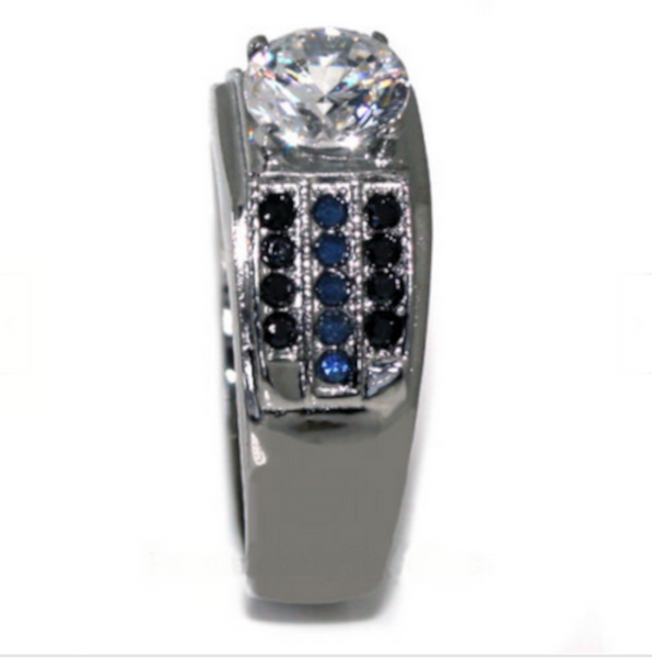 Mens Ring Thin Blue Line  1.28 Ct Round Cut CZ in Stainless Steel