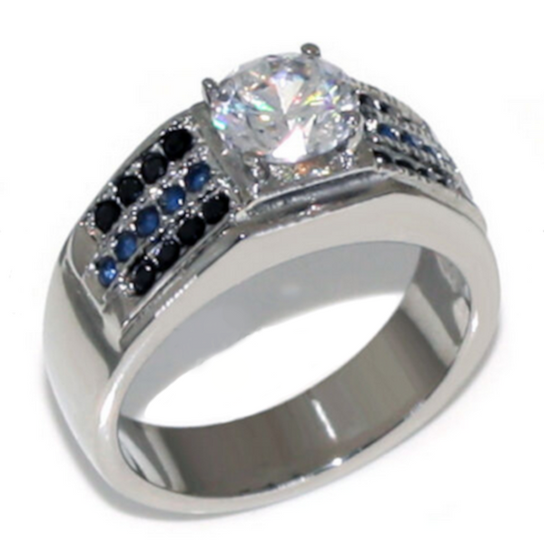 Mens Ring Thin Blue Line  1.28 Ct Round Cut CZ in Stainless Steel