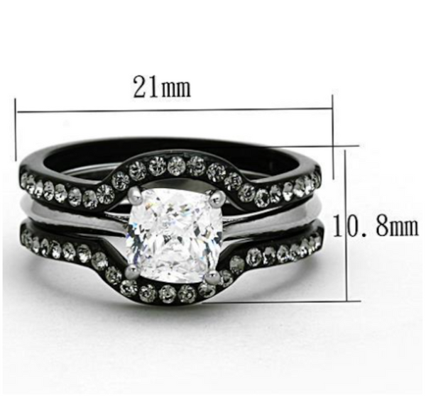 Thin Silver Line Cushion Cut Stainless Steel 3 Ring Set