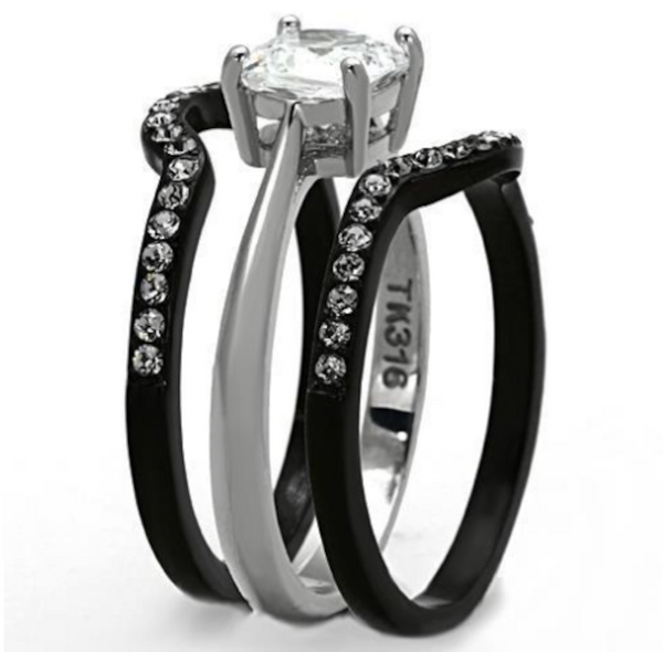 Thin Silver Line Cushion Cut Stainless Steel 3 Ring Set