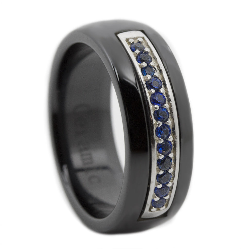 Thin Blue Line Ceramic Ring with 12 Sapphire Blue Cz Stones 8mm