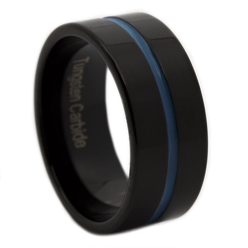 Thin Blue Line Tungsten Ring 9MM Flat Thin Profile