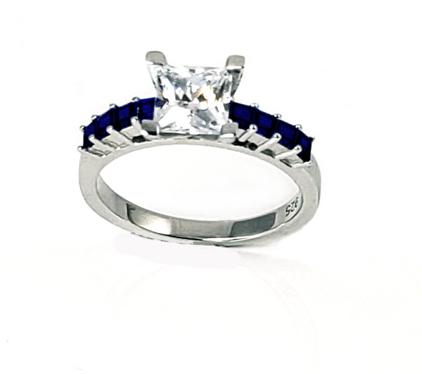 Thin Blue Line Princess Cut CZ Sterling Silver Engagement Ring w/ 8 Blue Accents