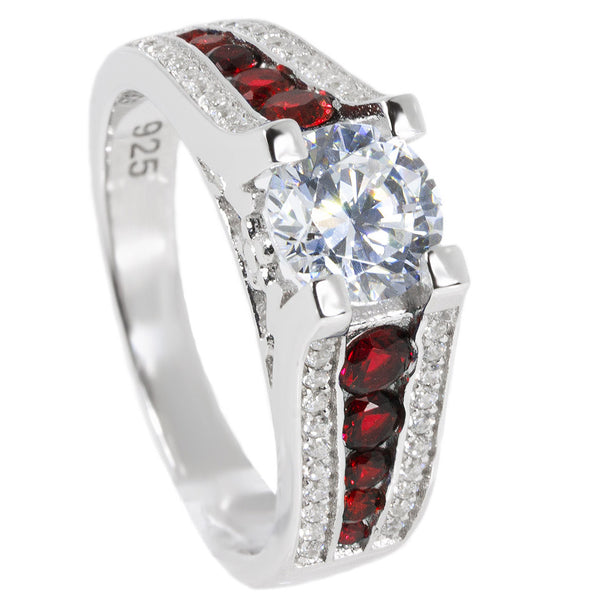 Thin Red Line Engagement Ring Sterling Silver CZ Round Main and Accents