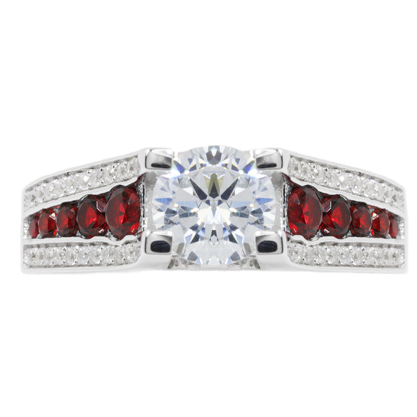 Thin Red Line Engagement Ring Sterling Silver CZ Round Main and Accents