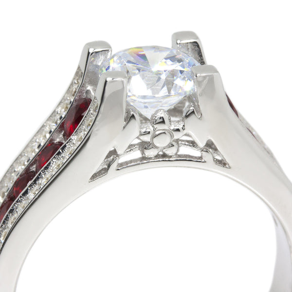 Thin Red Line Engagement Ring Sterling Silver CZ Round Main and Accents