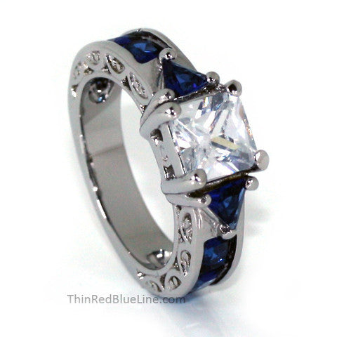 Thin Blue Line Engagement Ring with Blue Accents