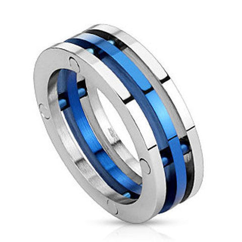 Thin Blue Line Three Band Stainless Steel Silver and Blue Ring