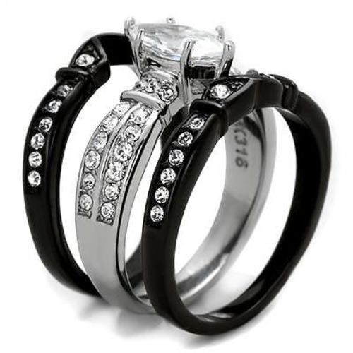 Thin Silver Line Marquise Cut Stainless Steel 3 Ring Set