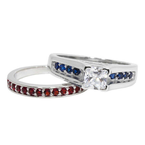 Thin Blue Red Line Engagement 2 Pc Set Sterling Princess Cut CZ