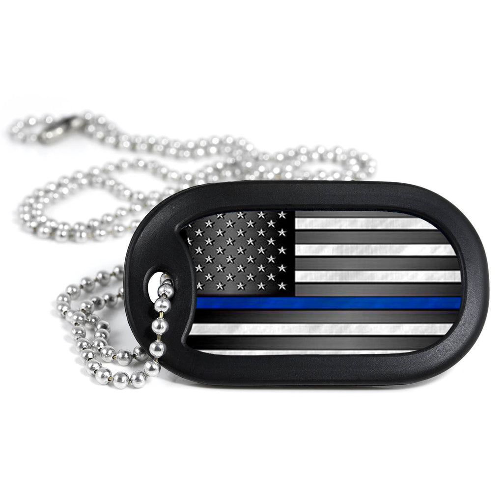 Thin Blue Line American Flag Metal Dog Tag Necklace
