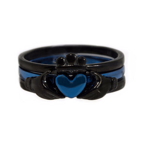 Thin Blue Line Claddagh Ring Black and Blue Stainless Steel 3 Piece Set
