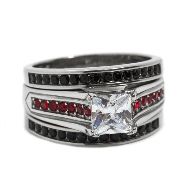 Thin Red Line Engagement CZ Ring Set Stainless Steel Princess Cut