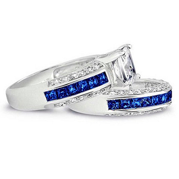Thin Blue Line 3.585 cttw Princess Cut Engagement Ring Set Blue CZ Accents
