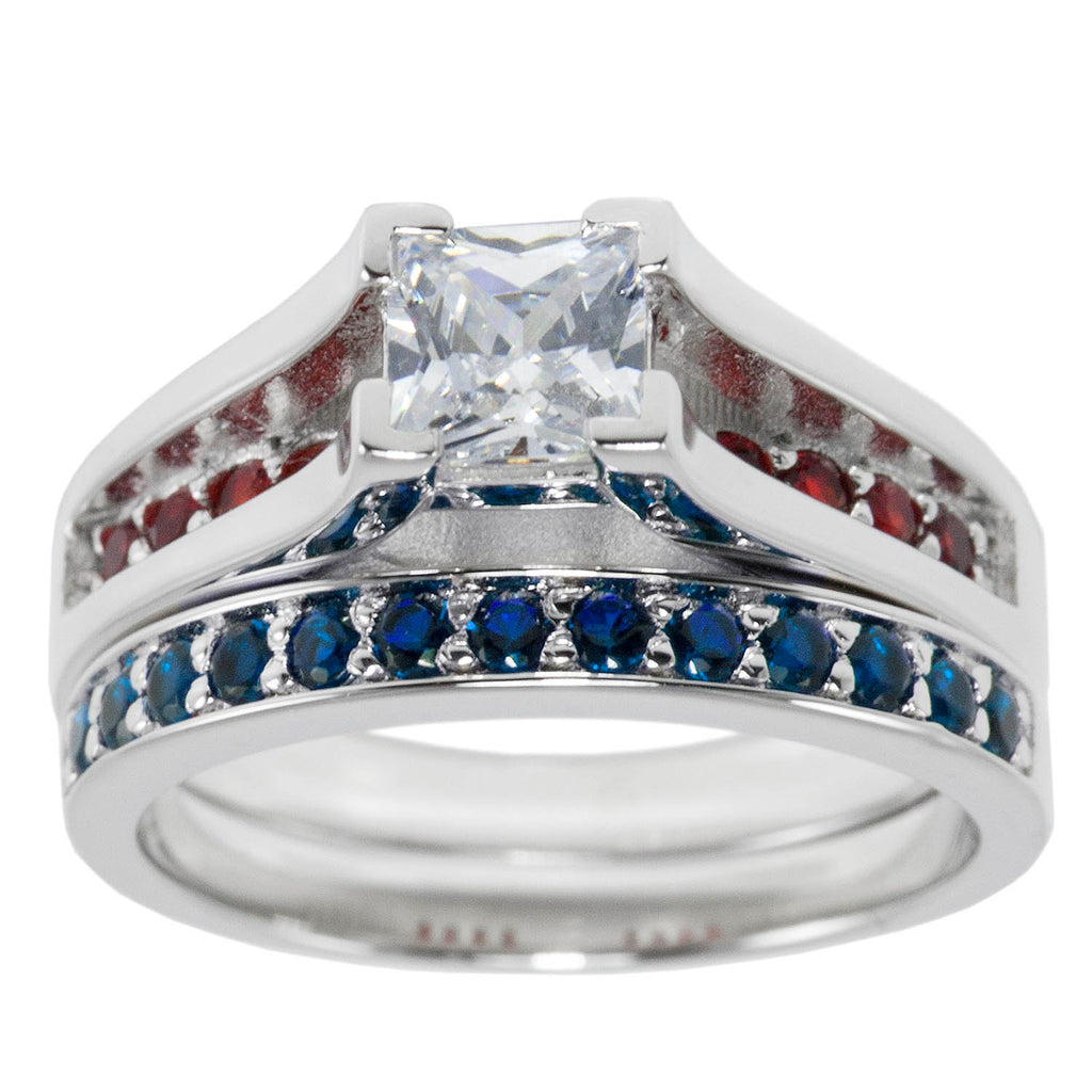 Thin Red Blue Line Engagement 2 Piece Set Sterling Princess Cut CZ