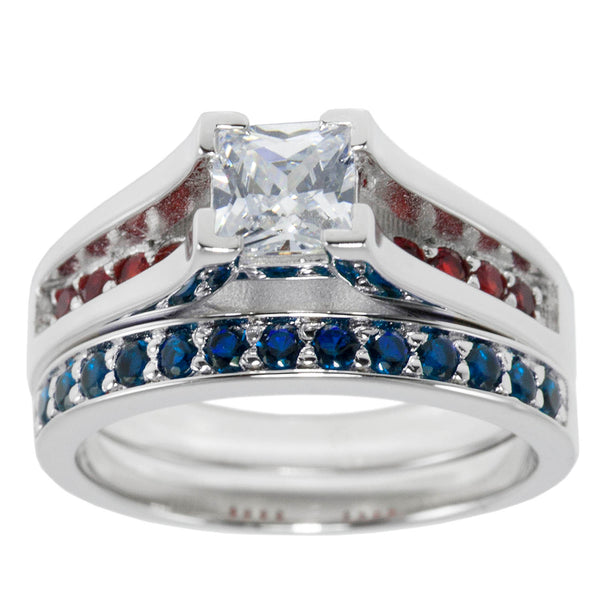 Thin Red Blue Line Engagement 2 Piece Set Sterling Princess Cut CZ
