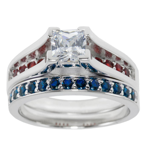 Thin Red Blue Line Engagement 2 Piece Set Sterling Princess Cut CZ