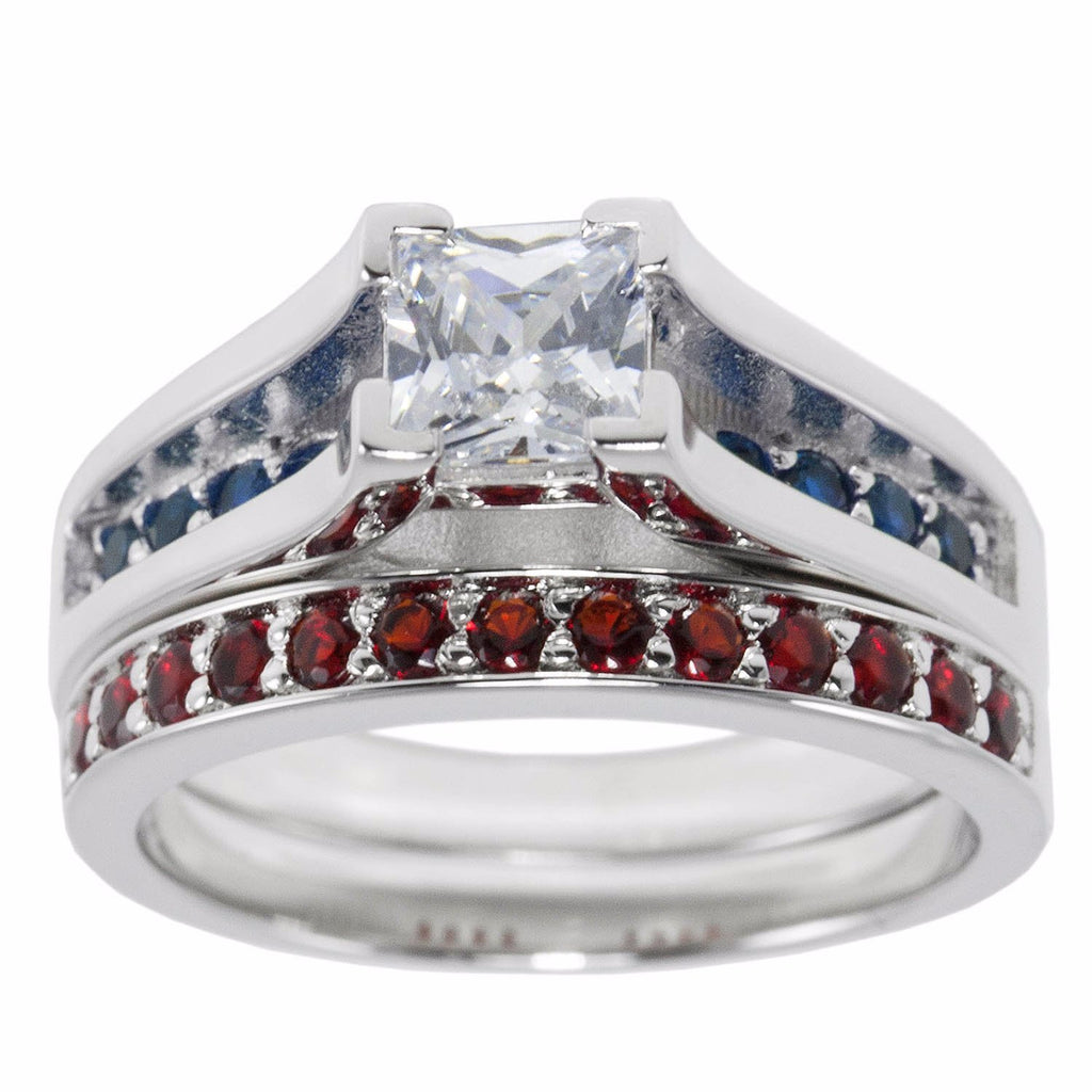 Thin Blue Red Line Engagement 2 Pc Set Sterling Princess Cut CZ