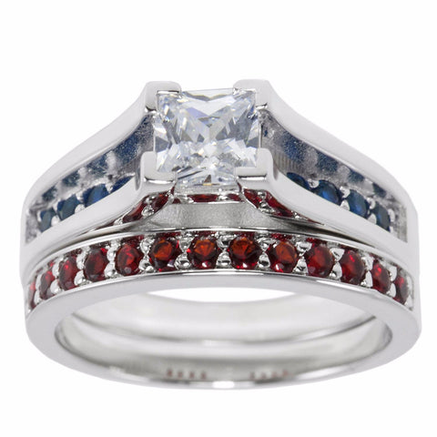 Thin Blue Red Line Engagement 2 Pc Set Sterling Princess Cut CZ