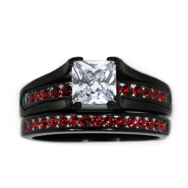 Thin Red Line Stainless Steel Princess Cut CZ Wedding Ring Two Ring Set