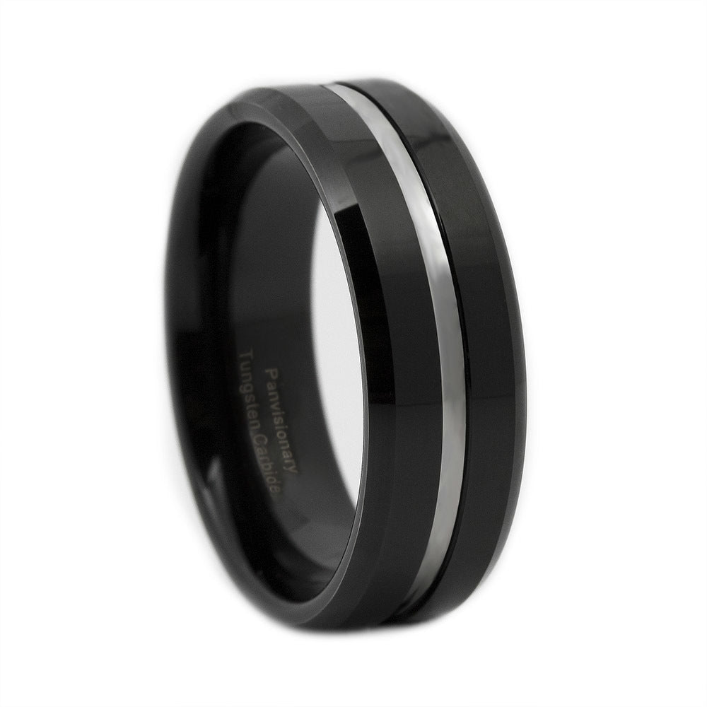 Black Line Centered Stainless Steel Band Ring